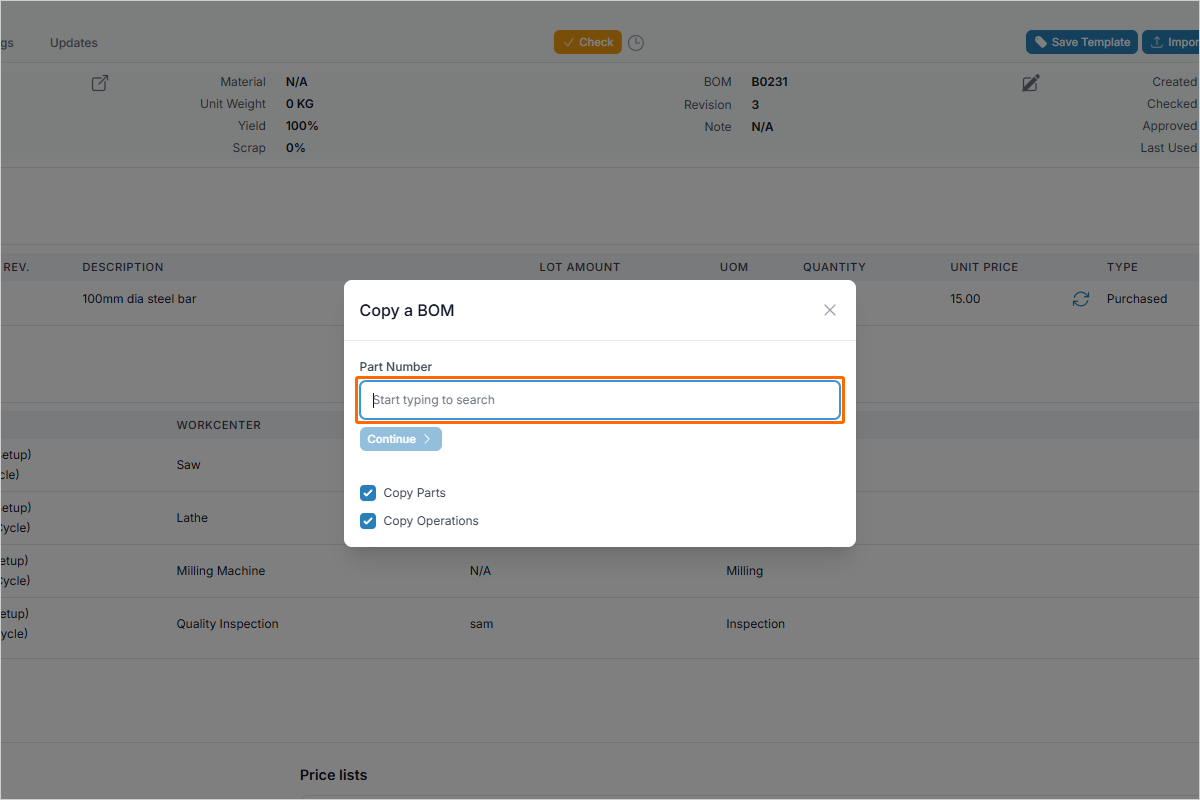 Part Number input in the copy BOM dialog