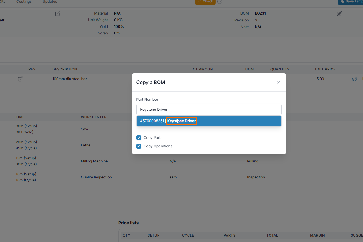 Part search result selected in the copy BOM dialog