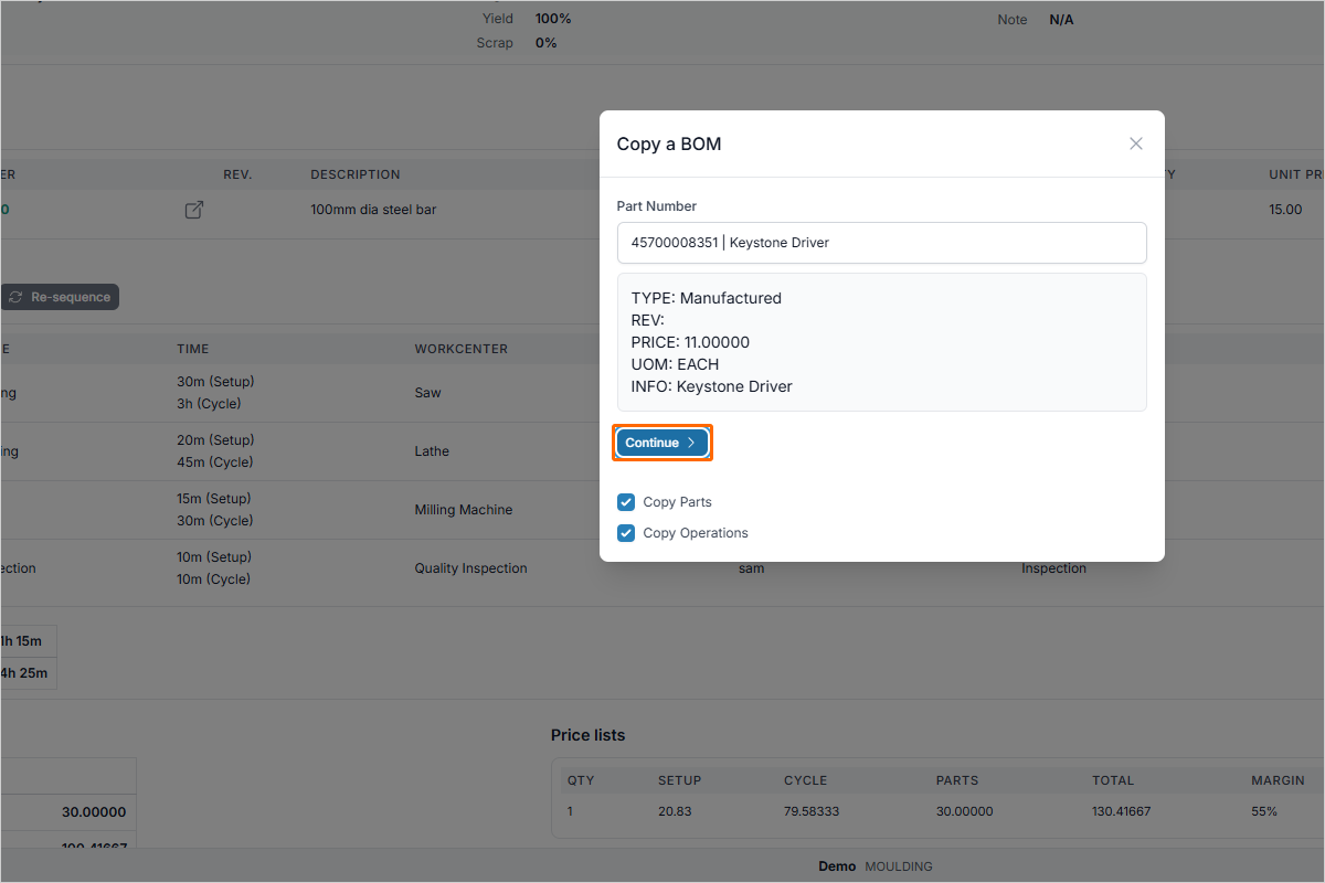 Copy options and Continue button in the copy BOM dialog