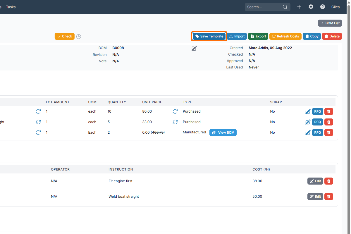 Save Template button on the BOM details screen