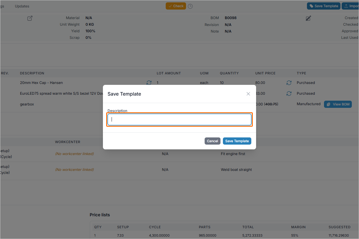 Description input for naming the BOM template