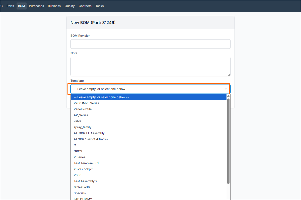 Template drop down with a BOM template selected