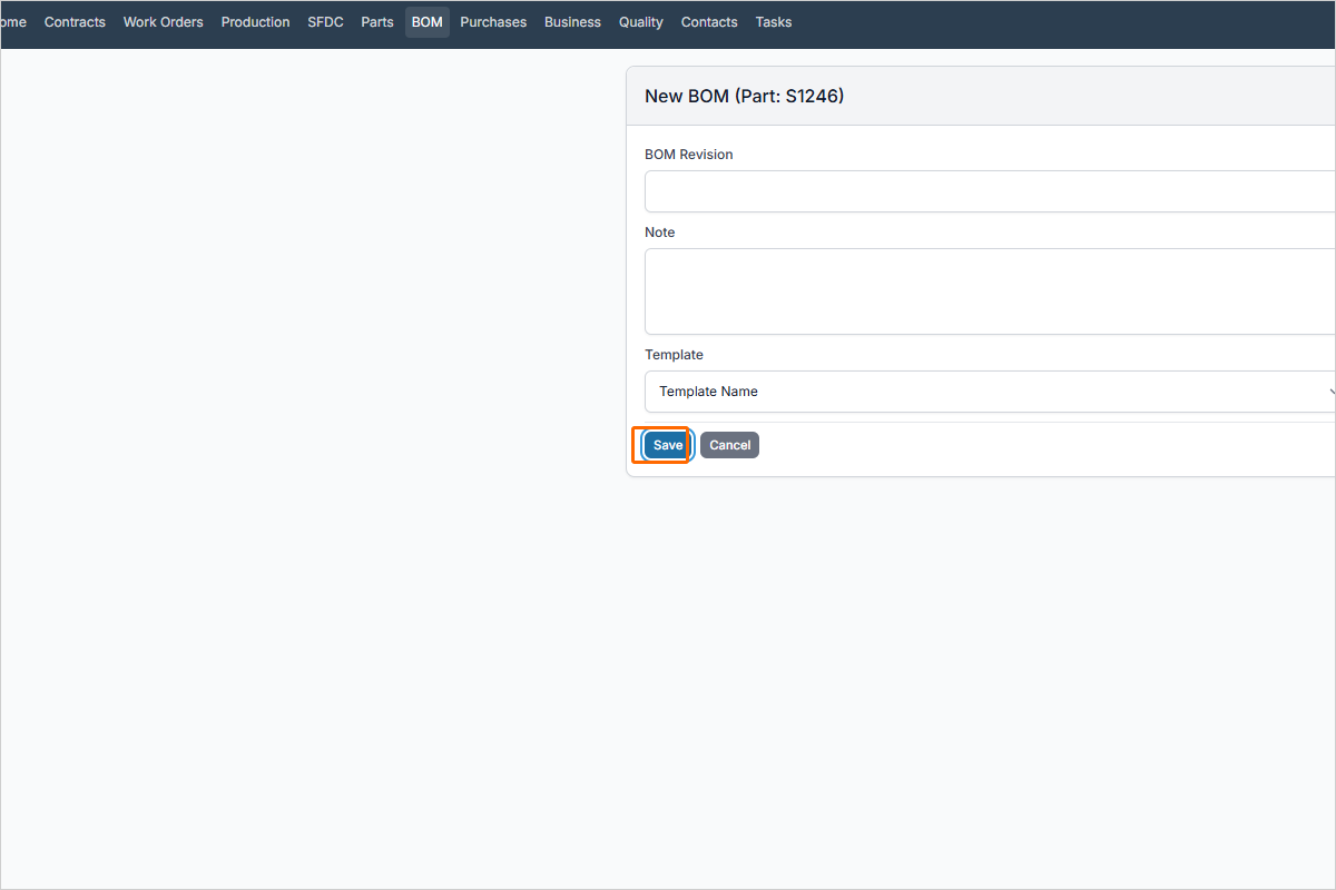 Save button when creating a BOM from a template